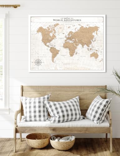 Image of IPIC - Vintage Push Pin World Map Canvas Wall Art, Oversized Travel Map Print for Travel Lovers, Push Pin Wall Decor for Home, Office, Study or RV, Ready to Hang