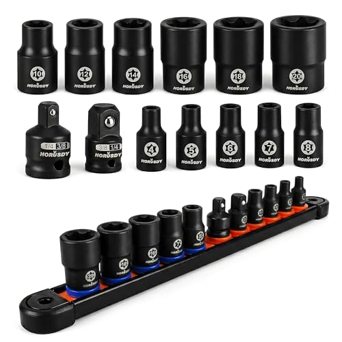 HORUSDY E-Torx Socket Set 13-Piece External Socket Set | 11-Piece Female E-Torx Sockets (E4-E20) Star Socket Set | 2-Piece Impact Socket Adapter Set