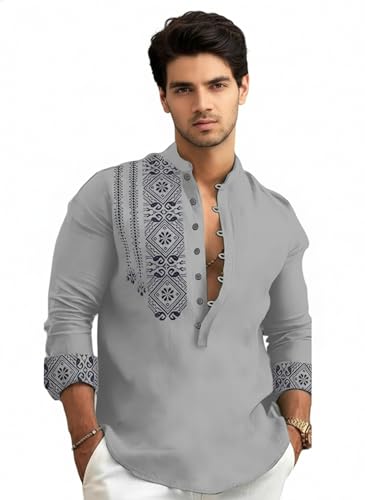 Image of Amazon Brand - INKAST Men's Cotton Blend Mandarin Collar Self One Design Full Sleeve Casual Short Kurta
