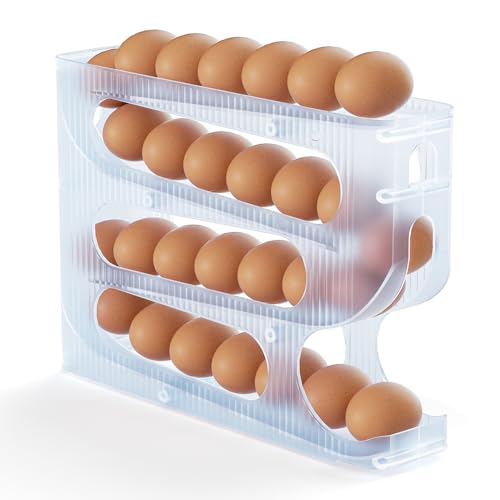 Sotfamily Egg Holder for Fridge, Auto Rolling Egg Dispenser for Refrigerator, Kitchen - Space-saving Egg Roller/Organizer/Storage/Container/Tray - 1 Pack for 28 Large Size Eggs(Frosted Clear)