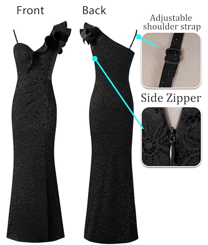 Image of VFSHOW Womens Ruffle One Shoulder Strap Ruched Formal Prom Wedding Maxi Dress V Neck Elegant Split Cocktail Evening Long Gown