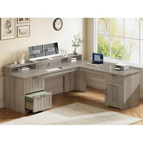 SEDETA 63" L Shaped Desk with Drawers, Farmhouse Corner Computer Desk, Wood Office Desk with File Drawers with Storage, Executive Desk with Monitor St