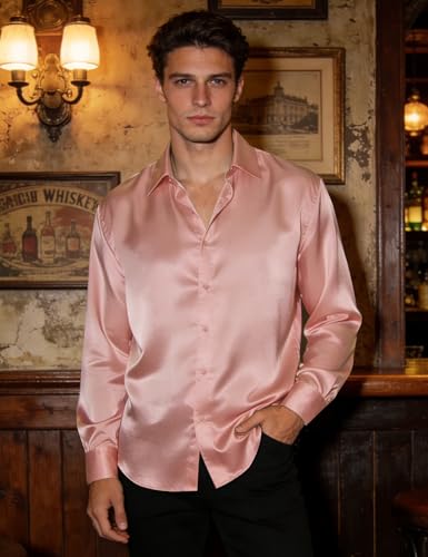 Image of Hi-Tie Men's Silk Satin Dress Shirts Long Sleeve Shiny Casual Button Up Shirts Luxury Party Disco Prom Wedding Shirt