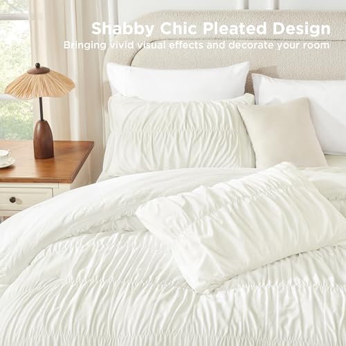 Image of Andency Ruched Ivory Queen Size Comforter Set, Shabby Chic Pleated Bedding Sets 3 Pieces, Lightweight Soft Boho Ruffle Bed Set for Girls, Kids, Women, All Season