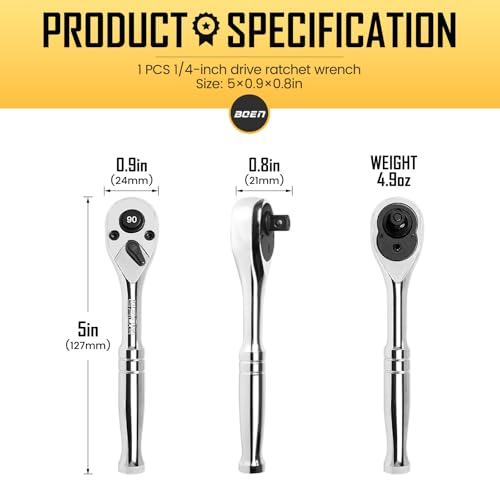 Image of boen 1 /4-Inch Drive Ratchet, 90-Tooth Quick-Release Ratchet Wrench, 4-Degree Swing, Reversible, Chrome Alloy Made, Full Polished (Pack of 2)