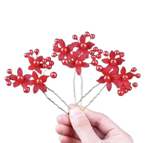 POOJA Stores Trendy Works Pearl Flower U Shape Metal Juda Pins Bridal Wedding Hair Accessories for Women And Girls (Red Pearl)