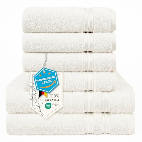 Hammetex 6er Handtücher Set – 2 Badetücher 70x140 cm & 4 Handtücher 50x100 cm – 100% Baumwolle Frottier – Oeko-TEX Zertifiziert – Weich, Saugstark - mit Aufhänge, Creme