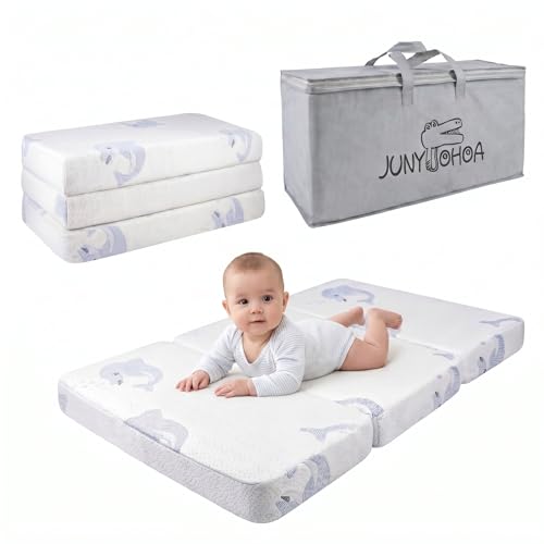 Image of 38 inch x 26 inch Dual-Sided Memory Foam Tri-Fold Pack and Play Mattress - Breathable, Removable Cover & Carry Bag Included