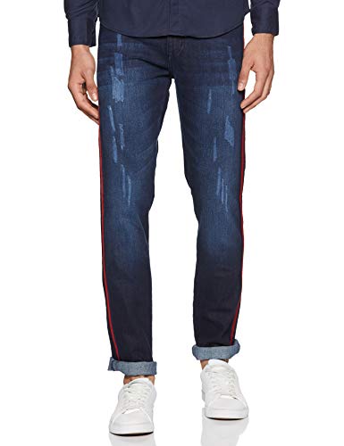 Image of CAHOOT Men's Classic Blue Dark-Washed Distressed Side Striped Regular Fit Denim Jeans | Mid-Rise Stretchable Cotton Denim Jeans Crafted with Comfort Fit & High Performance for Everyday Wear