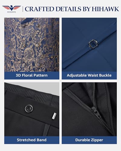 Hihawk Mens 3 Piece Floral Tuxedo, Jacquard Slim Suit Set, Paisley Blazer Vest and Pants with Bow Tie for Prom Wedding4