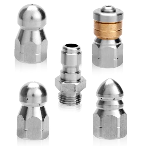 4pcs Sewer Jetter Nozzles with 1/4″ NPT Quick Connector and Pipe Sealant Tape, Stainless Steel Drain Cleaner Nozzle for Pressure Washer Drain Jetting Hose, Spray Nozzle Tips Kit, 5000 PSI