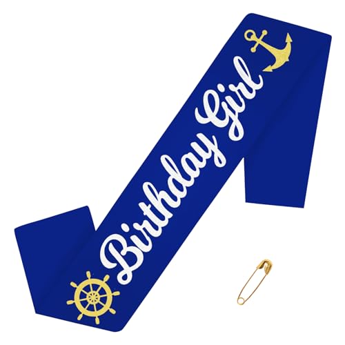 Nautical Birthday Girl Sash Navy Blue Birthday Girl Sash With Glitter Gold Silver Anchor Rudder Printing for Women Girls Cruise Theme Birthdays Decorations Boat Party Party Favors Gifts