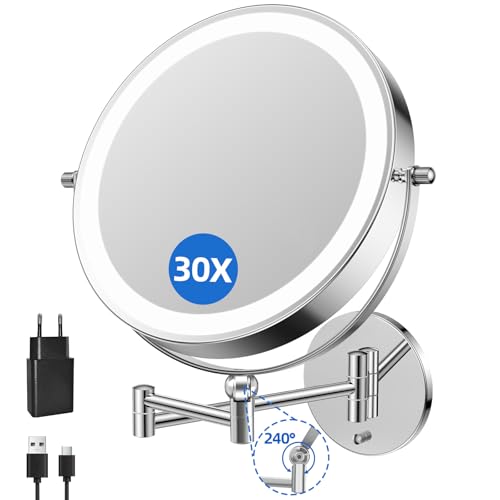 FUNTOUCH 9 Zoll 5000mAh Wiederaufladbar Kosmetikspiegel mit 1X/ 30X Vergrößerung, Dimmbarer Rasierspiegel 3 Farben, Höhenverstellbar Schminkspiegel, 360° Drehbar, Wandspiegel für Badezimmer und Hotel