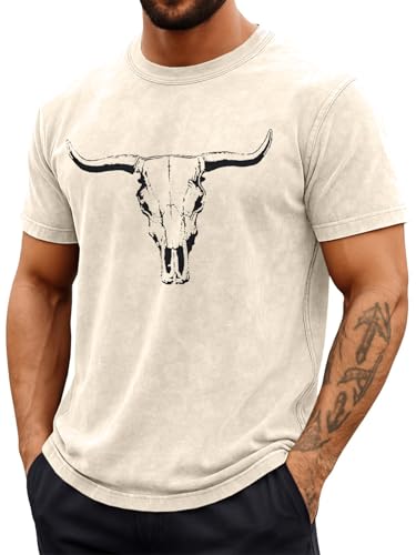 IOCVUFK Mens Western Country Cowboy Shirts Boho Bull Skull Graphic Shirt Country Concert Acid Washed Tee