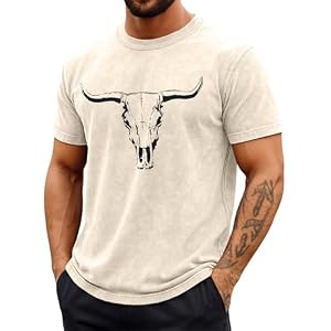 Mens Western Country Cowboy Shirts Boho Bull Skull Graphic Shirt | Country Western Mens Tops Country Concert Acid Washed Tee Rodeo Outfits For Men Cowboy Western Outfits Retro Cowboy Tops