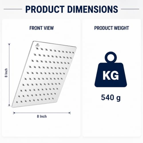 Image of Maipo Ultra Slim 8 Inch Square Rain Shower Head, Stainless Steel (SS) High Pressure Overhead Bathroom Shower Head, Chrome Finish, Anti-Clog Silicone Nozzles, Easy Installation