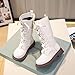 White PU Leather Riding Boots for Girls:Fashion Winter Warm Lace up Bowknot Booties Side Zip Mid Calf Waterproof Fall Shoes（Size2.5,Beige