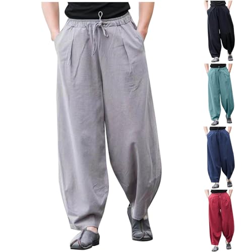 Cambkatl Men's Cotton Linen Baggy Harem Pants Loose Casual Elastic Waist Drawstring Beach Lounge Trousers with Pockets2