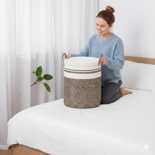Image of Basket with Lid, 15 inch x 20 inch Woven Storage Basket for Blankets, Toys, Pillows, Towels, Living Room Bedroom Storage Bin, Round Rope Basket with Lid, Wicker Baskets for Organizing (BG4)