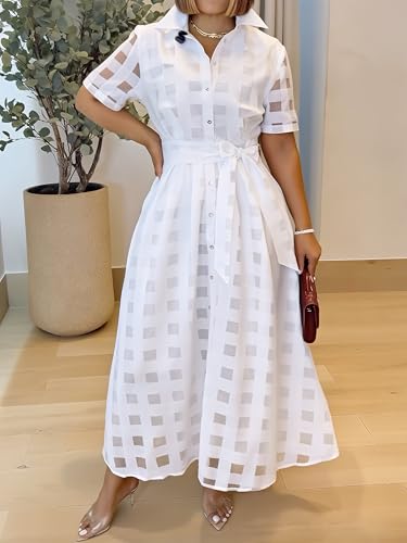 CHICME Elegant Turn Down Collar Plaid Mesh Double Layered Cinched Waist 2025 A Line Shirt Maxi Dress3
