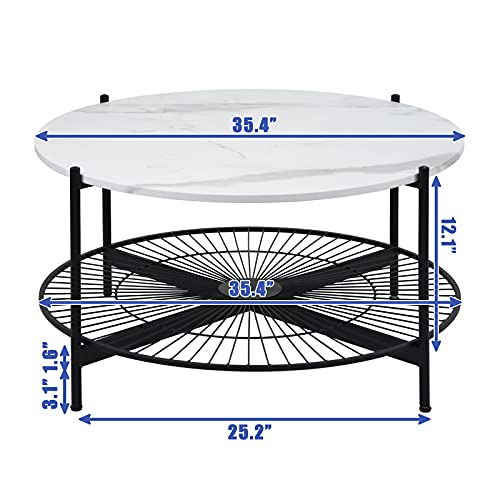 Image of NSdirect Round Coffee Table,2-Tier 36 inch Rustic Wooden Tabletop and Reinforced Crossbar with Open Storage Shelf Vintage Circle Cocktail Table with Metal Legs for Living Room,White