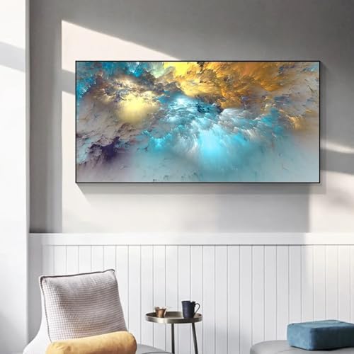 Toile art décoration murale bleu clair et or nuages abstraits 50x95cm