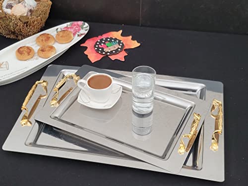 Candymosa Silver Serving Tray With Handles Set Of 2 - Stainless Steel Serving Tray For Drinks And Food - Silver Tray Decorative - Ideal As A Coffee Tray, Bar Tray, Silver Platter Or Turkish Tray #TOP4