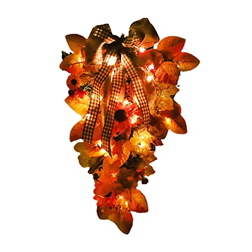 Wnvivi Fall Teardrop Swag,19.7 Inch Fall Swag with Maple Leaves and Sunflower,Maple Leaves Harvest Swag for Indoor Outdoor Decor(with Lights)