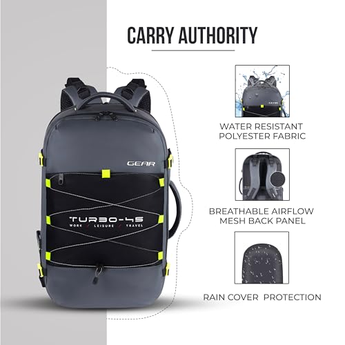Image of Gear Turbo 21 inch /45L Large Water Resistant Anti theft Laptop Backpack with Raincover | Backpack | Daypack |Briefcase | Travel Bag For Men /Women (Black - Grey)