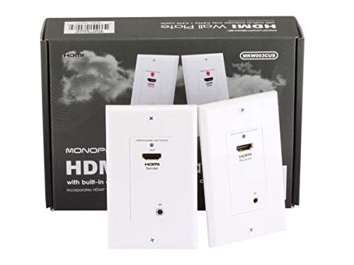 Monoprice 108008 HDMI Over CAT5E/CAT6 Extender Wall Plate (Pair) with Built-in Backward IR Channel-Single-Port (1P), White