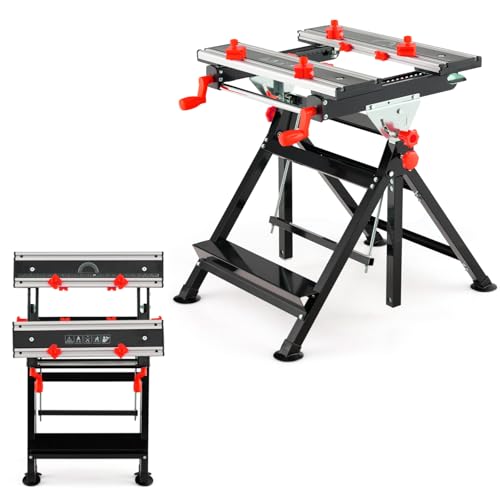 TANGZON Folding Workbench, 7-Level Height Adjustable Flip Top Work Table with 8 Sliding Clamps, 2 Rotary Clamping Handles & Foot Pedal, Work Bench Tool Stand Saw Horse (Red, 75 x 60 x 103cm)