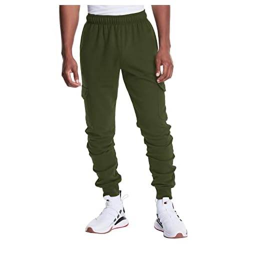 Champion Powerblend Pants, Sweatpants, Men's Cargo Joggers, 31", Army C Patch Logo, X-Large