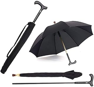 2-in-1 Walking Sticks Umbrella - Windbreak Ribs Walking Cane Crutch Self Protection Umbrella Heavy Duty Solid Tungsten Steel - Ideal Father's Gift for Climbing, Hiking, Hanging Out on Raining