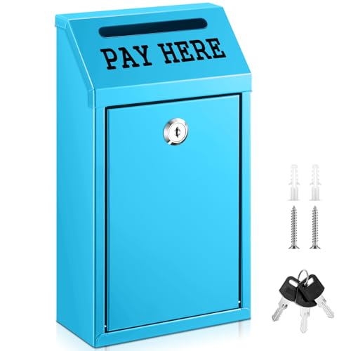 Yaocom Safe Cash Box Money Collection Metal Donation Box with Lock Wall Mount Pre Drilled Mailbox Delivery Ballot for Home Office Outdoor Self Serve Stand (Light Blue,10.2 x 5.7 x 2.8 Inch)