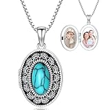 KoyeKei Collar con medallón vintage de plata de ley 925, colgante ovalado de flor turquesa para fotos, estilo vintage, fotos, medallón, joyería conmemorativa, regalos para mujeres y hombres