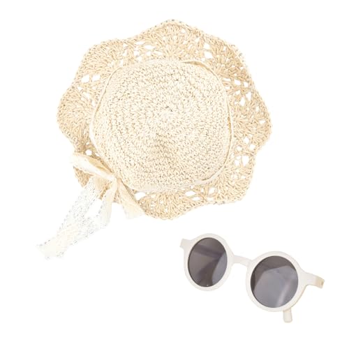 Anseom Chapéu para menina com óculos de sol gorro de praia meninas respirável boné verão com laço dobrável boné de sol de palha para meninas chapéu de palha para bebé menina 2-6 anos, Bege, Tamanho