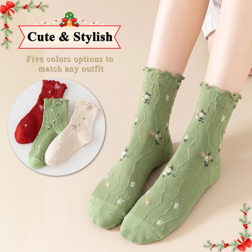 Image of Womens Ruffle Crew Socks Vintage Patterned Ankle Casual Fashion Dress Sock Cute Lettuce Floral Socks 5 /6 Pack