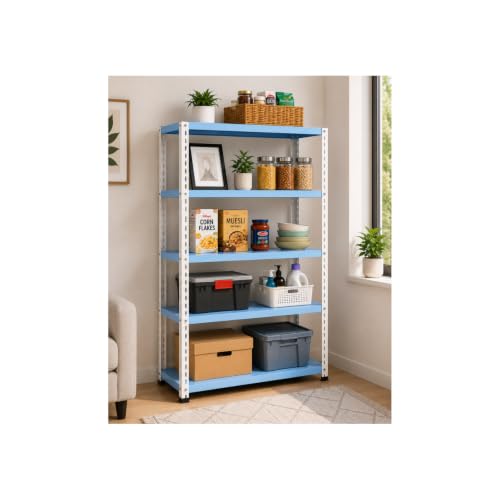 Image of Modern Metal Storage Rack Heavy Duty Organizer Shelf for Home, Kitchen, Living Room, Bedroom Office | Book Shelf, Plant Stand & Display Rackbin (blue White, Large 60H-24-L-12W INCH 5 shelf)