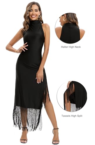Image of Aigeman Women Vintage Flapper Dresses 1920s Great Gatsby Halter Fringed Maxi Dress Tassels High Split Formal Dress 19
