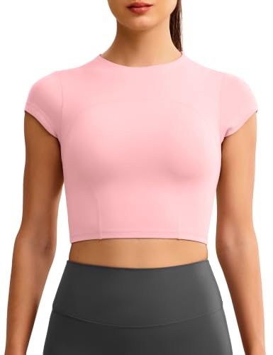 Image of ENERBLOOM Workout Crop Tops for Women Yoga Short Sleeve Removable Bra | Slim Fit, Mild Support, Crop T-Shirt, Mock Neck, Soft Comfort, High-Stretch, for Yoga,Gym & Daily Wear