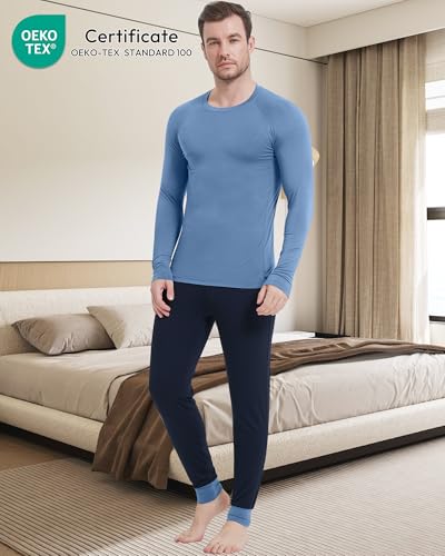 Image of NACHILA Mens Pajamas Set Long Sleeve Henley Sleepwear Top Soft Jogger Pants Pajamas Cool Pjs Set,Viscose Made from Bamboo