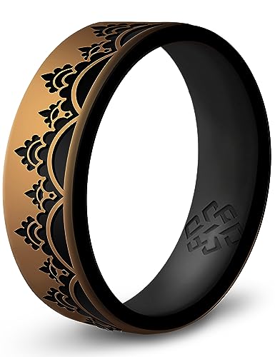Knot Theory Henna Crown, Root, Heart Silicone Ring for Men Women - Dual Layer Engraving - Breathable Comfort Fit 6mm Rubber Wedding Band