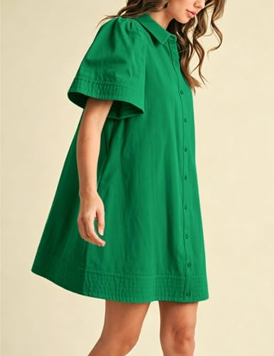 Image of Womens Short Sleeve Button Down Mini Shirt Dress Lapel Collar Short Dresses with Pocket