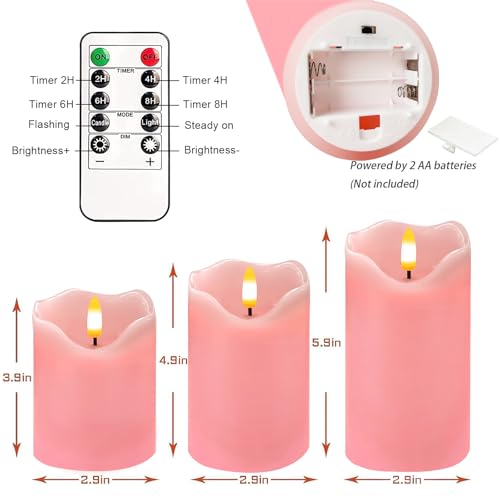 Image of VEEKI Flameless Candles Light, Set of 3 Flickering LED Candle with Remote & Timer, Dimmable Electric Pillar Candles Battery Operated, Pink Candles for Valentine's Day Xmas Home Decor (3PC)