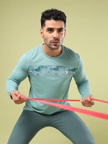 Image of TECHNOSPORT Men Polyester Self Design Chest Print Slim Fit Long Sleeve T-Shirt for Gym, Workout and Regular Use with SPF50+