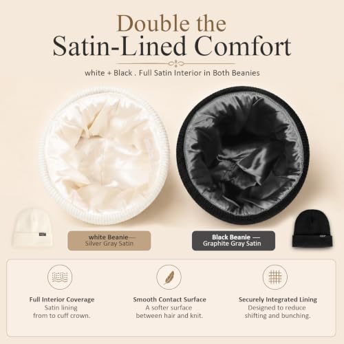 Image of 2 Pack Satin Lined Beanies for Men and Women Warm Cuffed Winter Hats | 60% cotton and 40% acrylic knit with smooth satin lining, stretch fit, cuffed ear coverage, and two-hat value for winter wear