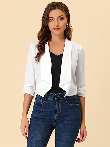 Image of Allegra K Summer Chiffon Bolero Shrug Blazer for Women's 3 /4 Ruched Sleeve Shawl Lapel Thin Lightweight Open Front Cardigans