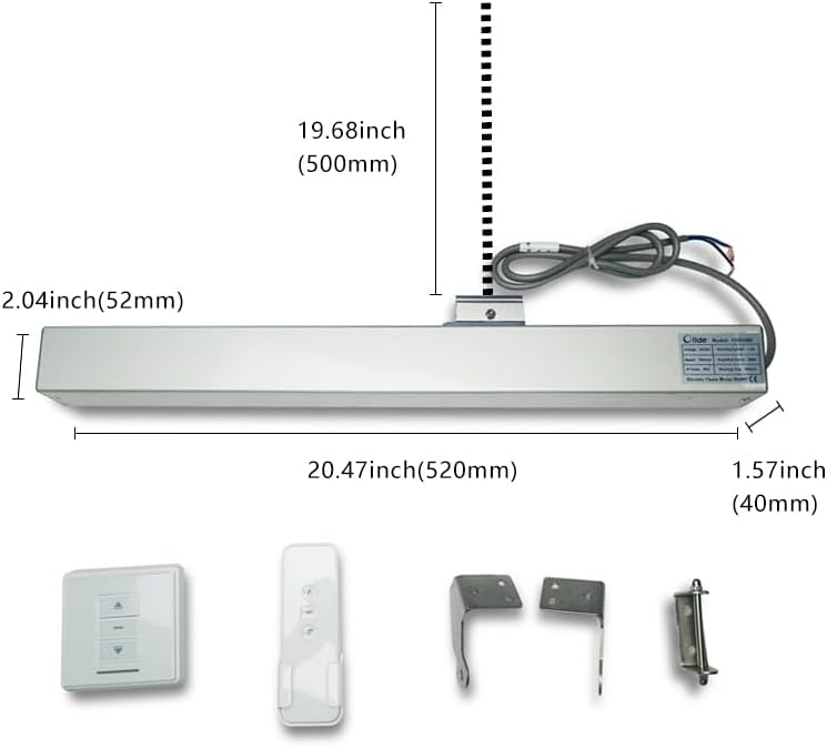 Dimensions of the Olideauto SD500 Automatic Window Opener showing length, width, and travel distance.