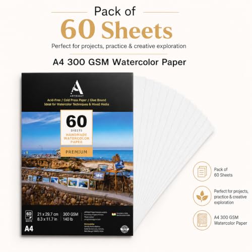 Image of ArtRight Artists' Watercolor Paper A4 300 GSM - 60 Sheets of Handmade Rough Grain Water Colour Papers for Watercolour, Acrylic, Gouache, Ink & Mixed Media
