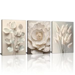 3Pcs Beige Floral Botanical Frame Canvas Wall Art, Neutral Textured Flower Plant Wall Painting Picture Wall Decor Vintage Blossom Posters Prints for Bedroom Living Room Reay to Hang 12″x16″x3Pcs